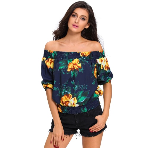 T-shirt floral de nouvelles femmes de Bohème Sans manches demi-fourrure Boho Top Blanc / Bleu foncé / Bleu clair