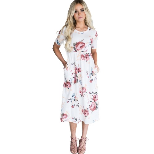 

Women Dress Floral Print Side Pockets High Waist Round Neck Short Sleeve Casual Party Beach One-Piece