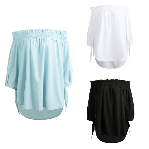 

Women Plus Size Off Shoulder Blouse Shirt Slash Neck Ruffle 3/4 Sleeve Irregular Long Loose Top Black/White/Blue