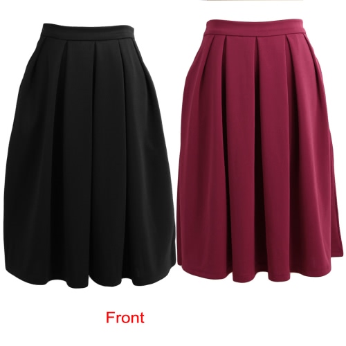 

New Fashion Women High Waist Pleated Skirt Side Zipper Flared Skirts with Pockets Black/Red