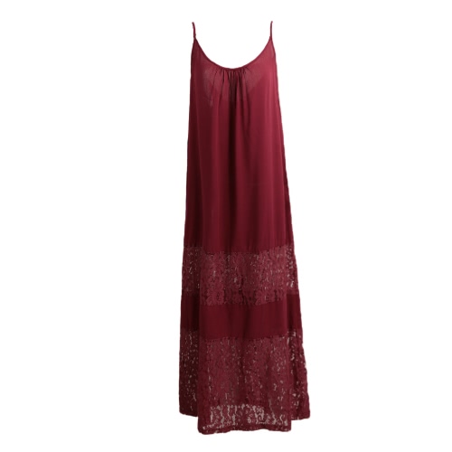 Vestido de Verano de Mujeres Solid Lace empalme correa de espagueti suelta Long Beach Maxi tamaño más vestido de piso de longitud