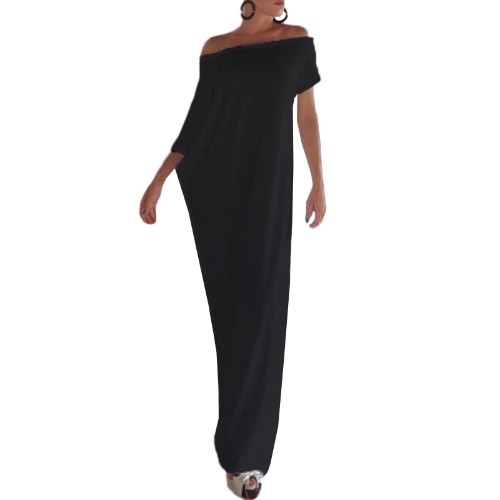 Sexy Verano Mujer Boho Long Maxi vestido Slash cuello de hombro sólido informal suelta más vestido de tamaño blanco / negro