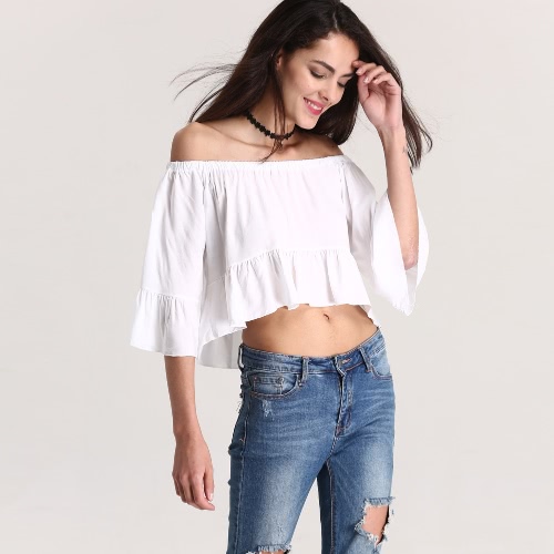 Sexy Women Tops Slash Neck Off Shoulder Ruffles Hem Beach Summer Blouse Party T Shirt White huismerk kopen in de aanbieding Sexy Women Tops Slash Neck Off Shoulder Ruffles Hem Beach Summer Blouse Party T Shirt White huismerk kopen in de aanbieding