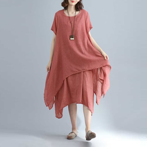 Mode Femmes Habillement Manches Longues Robe à manches longues en coton à manches asymétriques Boho Midi Robe longue Rouge / Gris / Khaki