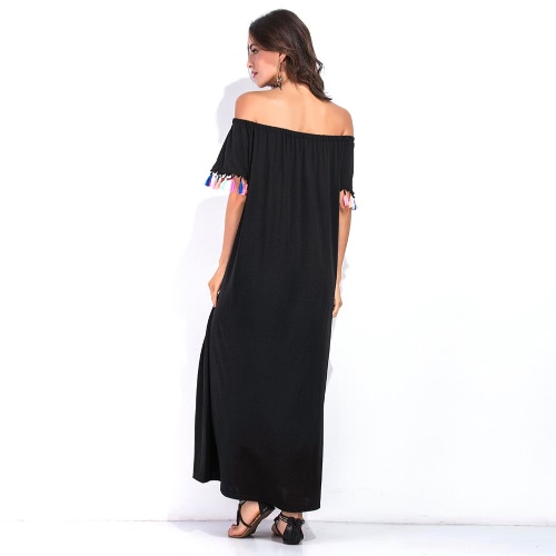 

Сексуальные женщины с плеча Maxi платье с короткими рукавами красочные кисточки Fringed Solid Loose Summer Long Dress