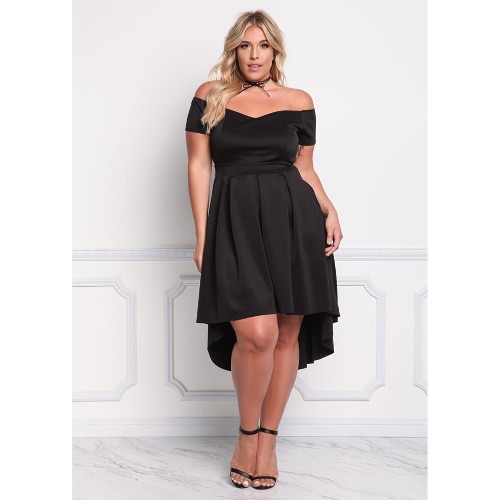 Mujeres tamaño más vestido de hombro Irregular Slash cuello Ruffle Elegante A-Line vestido de fiesta Negro / Rosa