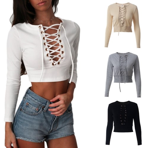 

Сексуальные женщины Bodycon Crop Top Lace-Up Bandage O-Neck Длинные рукава Повседневный твердый Slim Top