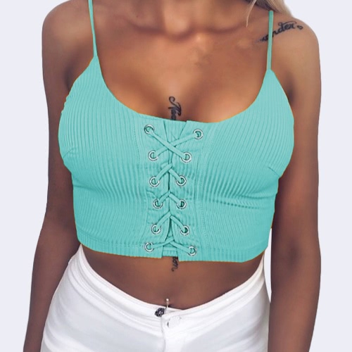 

Sexy Lace Up Sleeveless Spaghetti Strap O Neck Ribbed Women's Cami