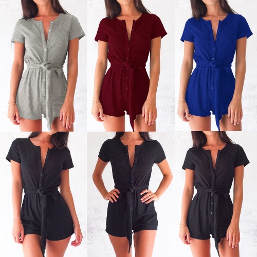 

Женщины Playsuit Твердые цветные ребристые кнопки Tie Waist V Круглый шею с коротким рукавом Повседневный комбинезон