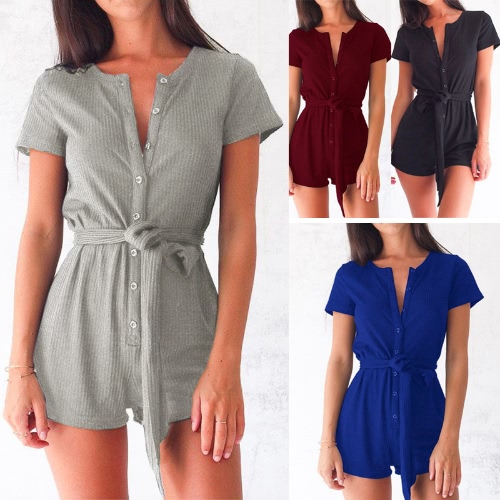 

Women Playsuit Solid Color Ribbed Buttons Tie Waist V Round Neck Short Sleeve Casual Jumpsuit