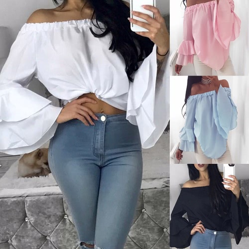 

Sexy Women Solid Blouse Off Shoulder Slash Neck Flare Long Sleeves Irregular Hem Elegant Top