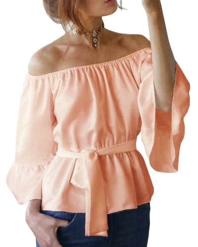 New Sexy Women Chiffon Off Shoulder Blusa Shirt Belted Flare Sleeve Casual Top Sólido