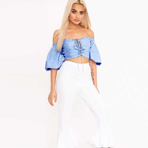 Women Striped Off Shoulder Cropped Top Lace Up Front Slash Neck