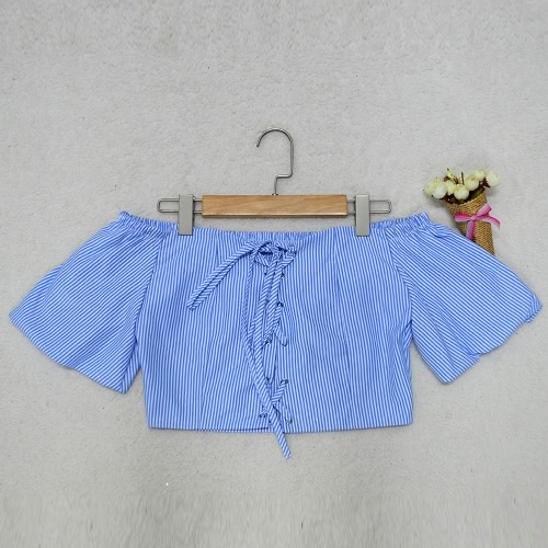 

Summer Striped Off Shoulder Slash Neck Half Sleeves Women's Crop Tops