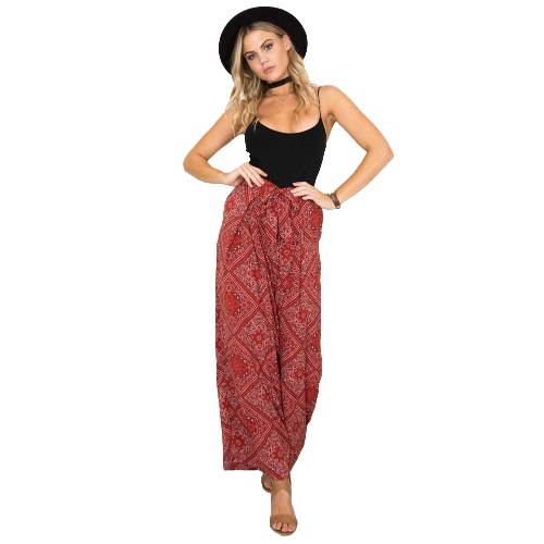 

Boho Women Pants Contrast Floral Paisley Print Straight Wide Legs
