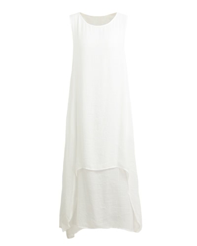 

Casual Retro Women Loose Dress Solid Sleeveless O-Neck Pockets Boho Long Maxi Dress Vestidos Plus Size