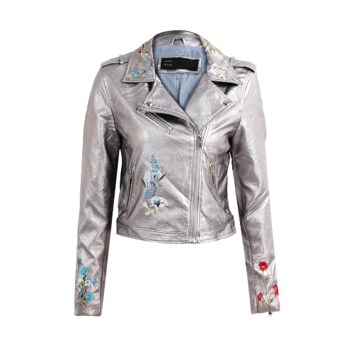 

Fashion Women Embroidery Flower PU Faux Leather Jacket Coat