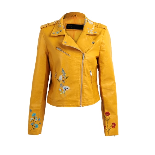 

Fashion Women Embroidery Flower PU Faux Leather Jacket Coat