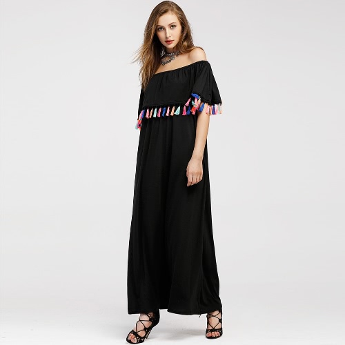 

Мода с плечами кисточки оборки Slash Neck Loose Women's Maxi Dress