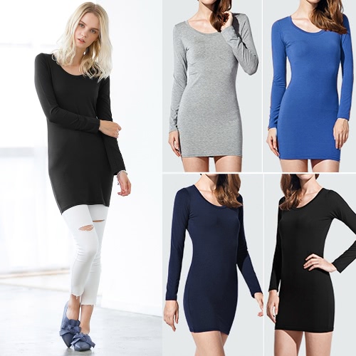 

Women Solid Sheath Dress Long Sleeveless O Neck Stretch Casual Bodycon Pencil Mini Dress
