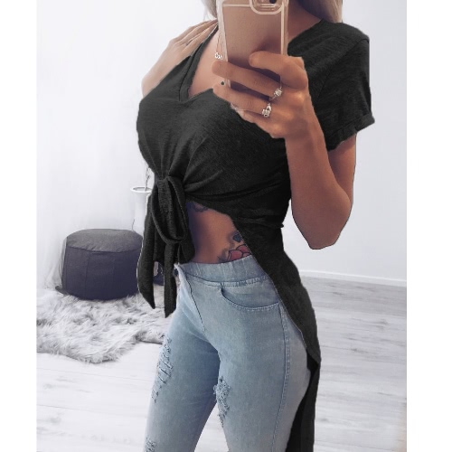 Sexy Women T-shirt Solid Color Deep V Knotted Tie Irregular Short Sleeve Long Casual Tee Party Wear