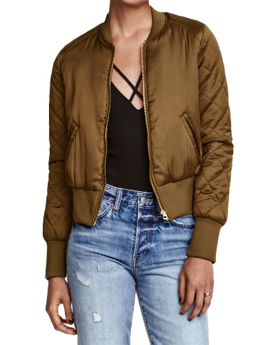 

Fashion Women Satin Bomber Jacket Quilted Long Sleeve Cotton Short Jacket