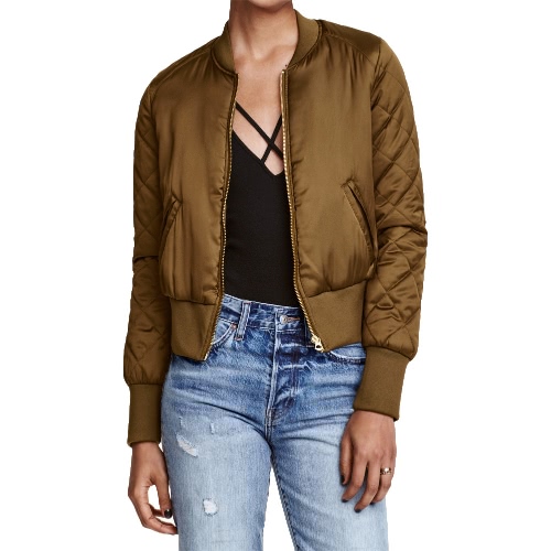 

Fashion Women Satin Bomber Jacket Quilted Long Sleeve Cotton Short Jacket