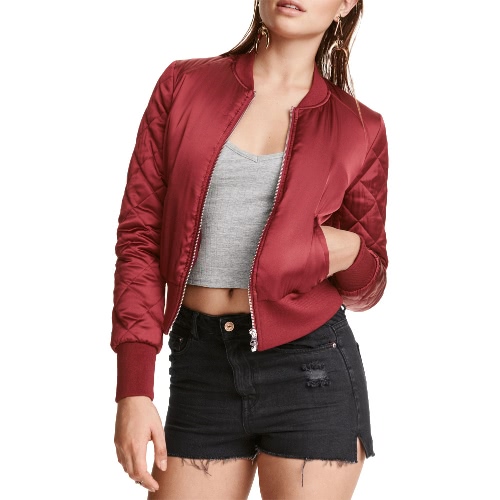 

Fashion Women Satin Bomber Jacket Quilted Long Sleeve Cotton Short Jacket