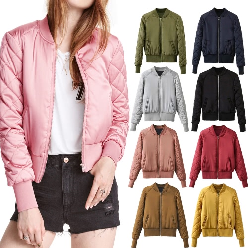 Mode Frauen Satin Bomber Jacke gesteppte lange Ärmel Baumwolle kurze Jacke