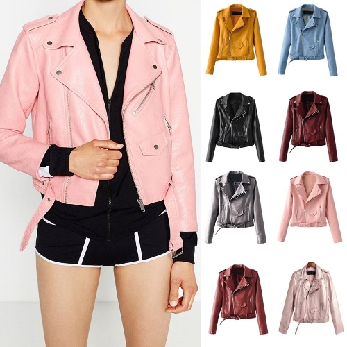 

Fashion Women PU Faux Leather Jacket Coat Zipper Belt Long Sleeves Basic Moto Jacket Outerwear