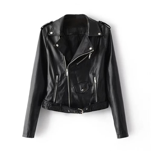 Fashion Women PU Faux Leather Jacket Coat Zipper Belt Long Sleeves Basic Moto Jacket Outerwear