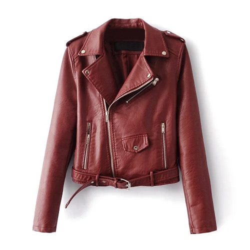 Fashion Women PU Faux Leather Jacket Coat Zipper Belt Long Sleeves Basic Moto Jacket Outerwear