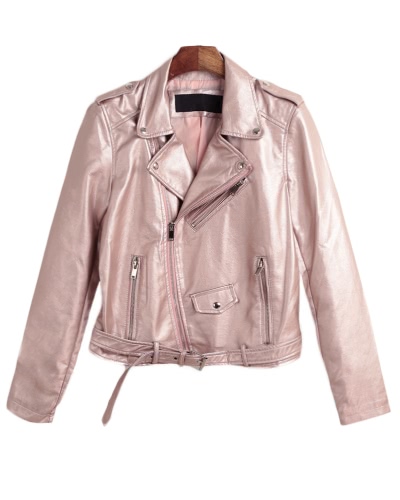 

Fashion Women PU Faux Leather Jacket Coat Zipper Belt Long Sleeves Basic Moto Jacket Outerwear