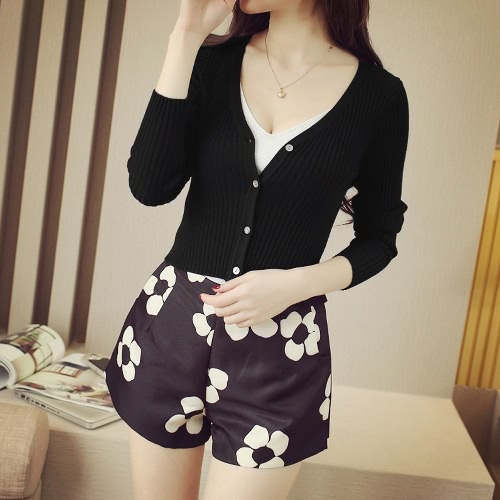 

Fashion Knitted Stretchy Button V-Neck Long Sleeves Women's Sweater