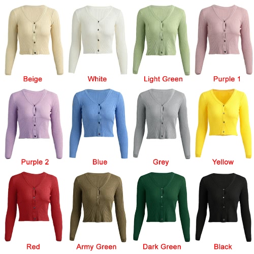 

New Winter Women Bodycon Knitted Cardigan Stretchy Solid Button V-Neck Long Sleeves Casual Short Sweater Outerwear