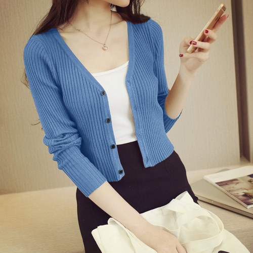

Fashion Knitted Stretchy Button V-Neck Long Sleeves Women's Sweater