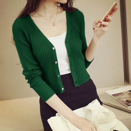 

Fashion Knitted Stretchy Button V-Neck Long Sleeves Women's Sweater