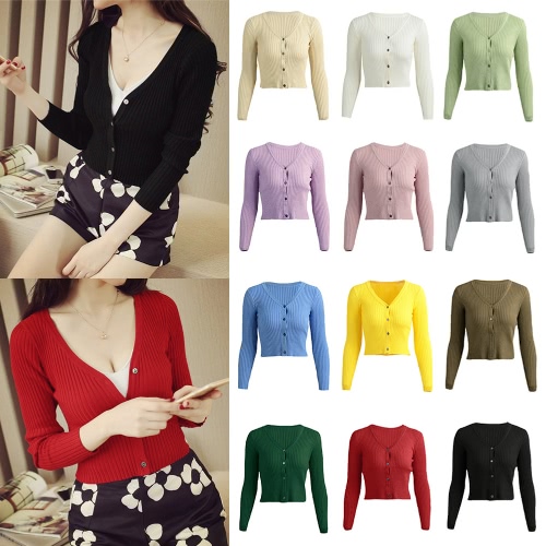 

New Winter Women Bodycon Knitted Cardigan Stretchy Solid Button V-Neck Long Sleeves Casual Short Sweater Outerwear