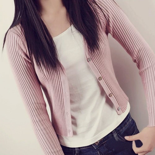 

Fashion Knitted Stretchy Button V-Neck Long Sleeves Women's Sweater