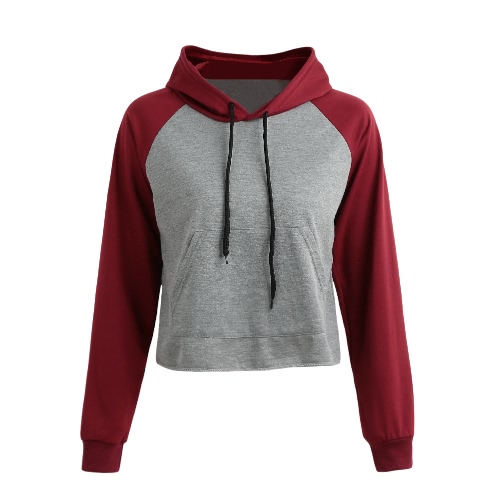 New Women Crop Hoodies Sweatshirt Contrast Casual Pocket Tracksuit