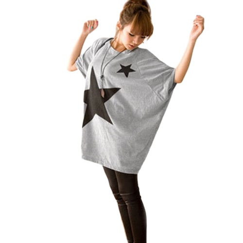

Fashion Women Long T-Shirt Stars Print Round Neck Short Sleeves Loose Tee Tops White/Grey