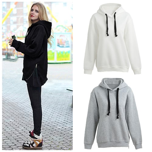 

Fashion Women Hoodies Side Zipper Hooded Neck Drawstring Long Sleeves Pullover Sweatshirt