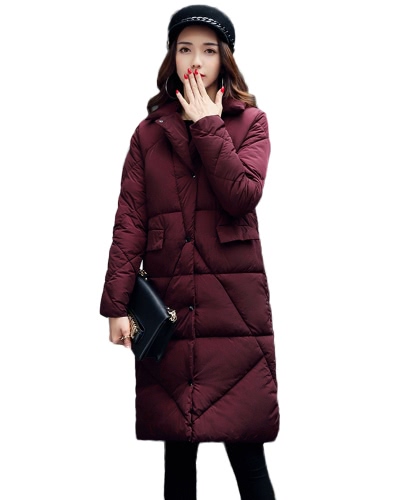 Women Down Padded Jacket Pockets H-Line Winter Warm Coat Solid Long Parka Overcoat Outwear