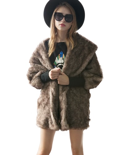 Casaco feminino Faux Fur Coat Revestimento Batwing Raglan V Neck Furry Loose Casual Longo Overcoat Outwear