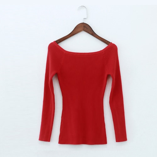 

Basic Sweater Slash Neck Solid Knitted Slim Long Sleeves Women's Pullover