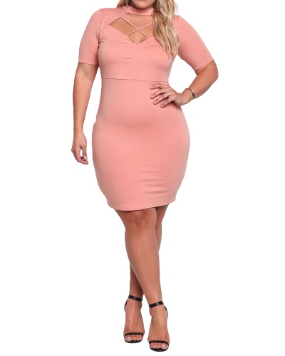 

Sexy Women Plus Size Dress Solid Color Cross Strap Cut Out High Choker Neck Bodycon Nightclub One-Piece White/Pink