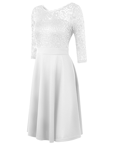 

Women OL Dress Lace 3/4 Sleeve High Waist A-Line Dress Black/Dark Blue