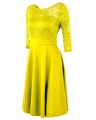 

Women OL Dress Lace 3/4 Sleeve High Waist A-Line Dress Black/Dark Blue