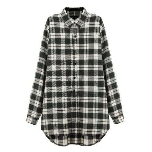 

Women Blouse Plaid Button Irregular Hem Loose Casual Blouse