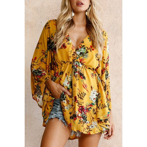 

Sexy Boho Flower Print Batwing Sleeve V-Neck High Waist Women's Mini Dress